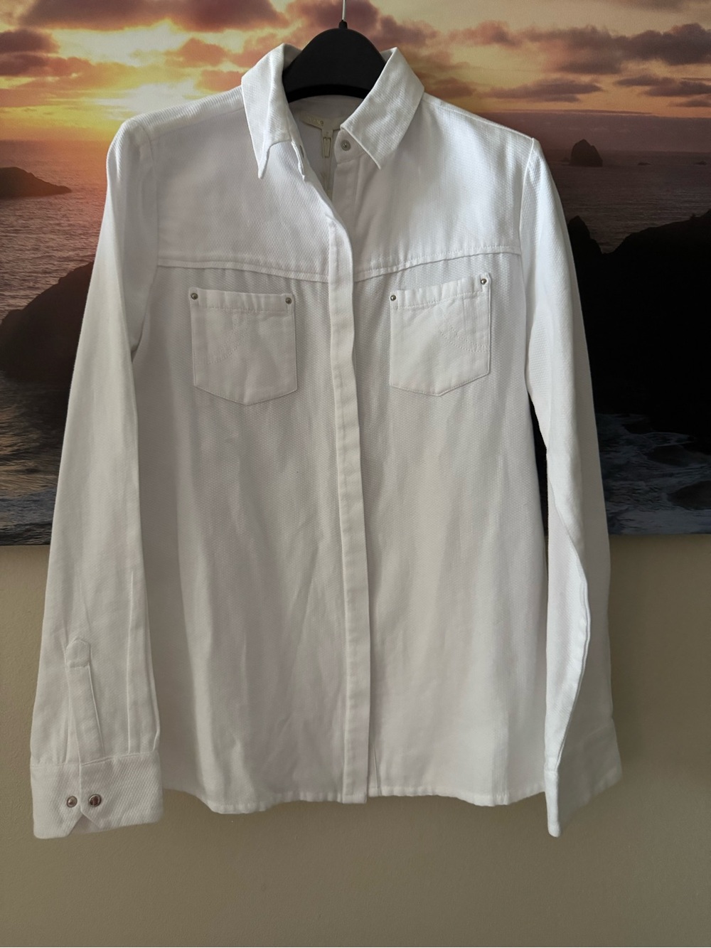Maje White Ecru Button-Down Waffle Textured Ling Sleeve Shirt/T2/S/ NWT